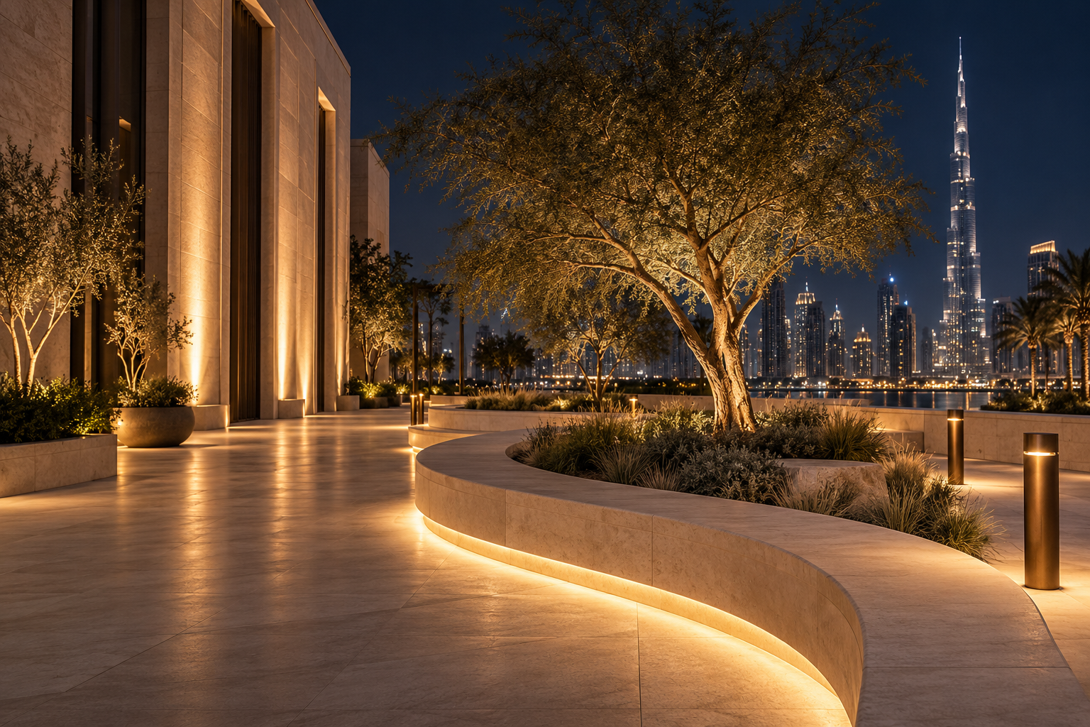 Public space concept with curved benches and integrated lighting