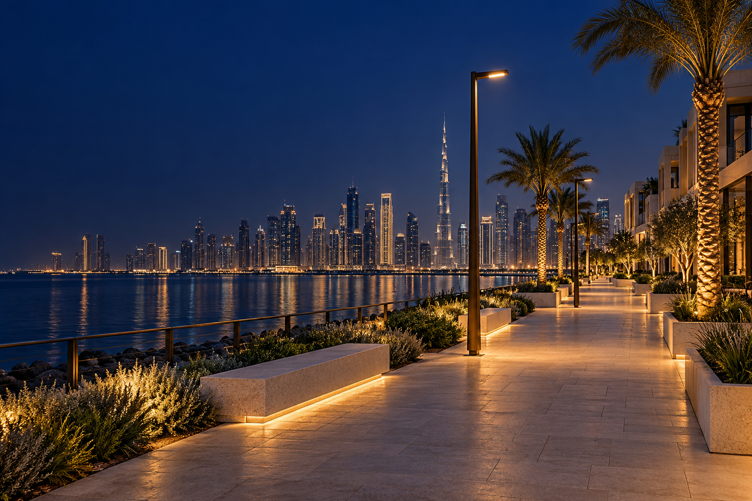 Concept of a Dubai waterfront promenade with warm streetlights and integrated lighting